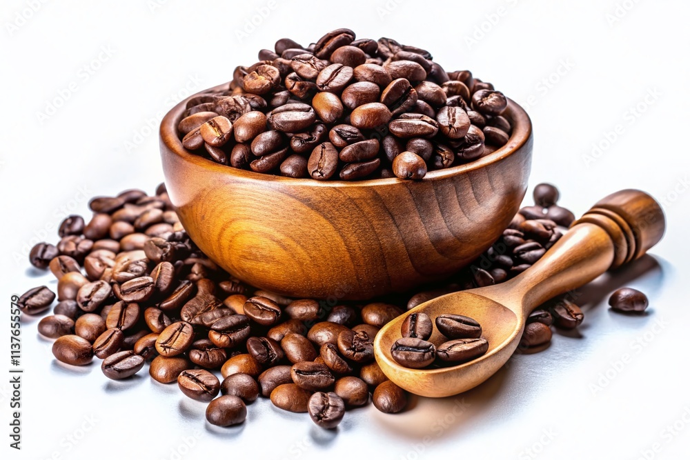 Fototapeta premium Silhouette Coffee Beans: Wooden Bowl, Scoop, Dark Roast, Isolated White Background