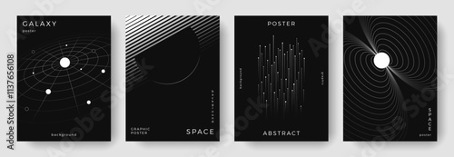 Set of abstract space astronomy backgrounds. Line art planet, galaxy, solar system, meteorite. Science future concept. Cosmic minimalist design for cover, poster, layout, banner, flyer, brochure