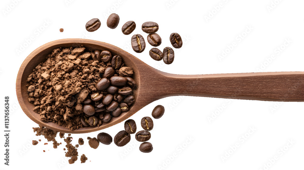 Fototapeta premium Pile powder instant coffee and beans in wooden spoon isolated on white or transparent background, top view