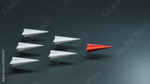Different business concept.new ideas. paper art style.Leaderplane concept with red paper plane leading among white planes.3D rendering on black background.