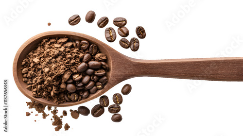 Pile powder instant coffee and beans in wooden spoon isolated on white or transparent background, top view


