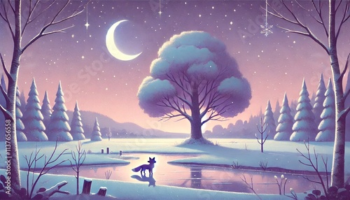 A Dreamy Horizontal Painting of a Serene Winter Night Scene with a Purple Moonlit Sky photo