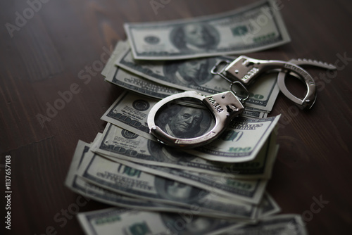 Handcuffs on Pile of US Dollar Bills Signifying Financial Crime or Legal Issues