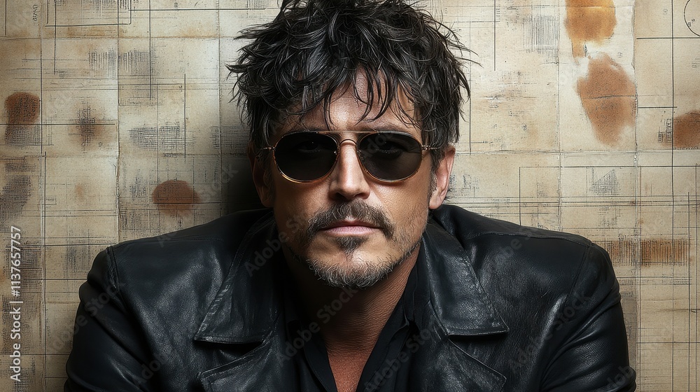 Obraz premium A man with dark tousled hair and sunglasses wears a black leather jacket while posing against a textured wall, radiating a confident demeanor