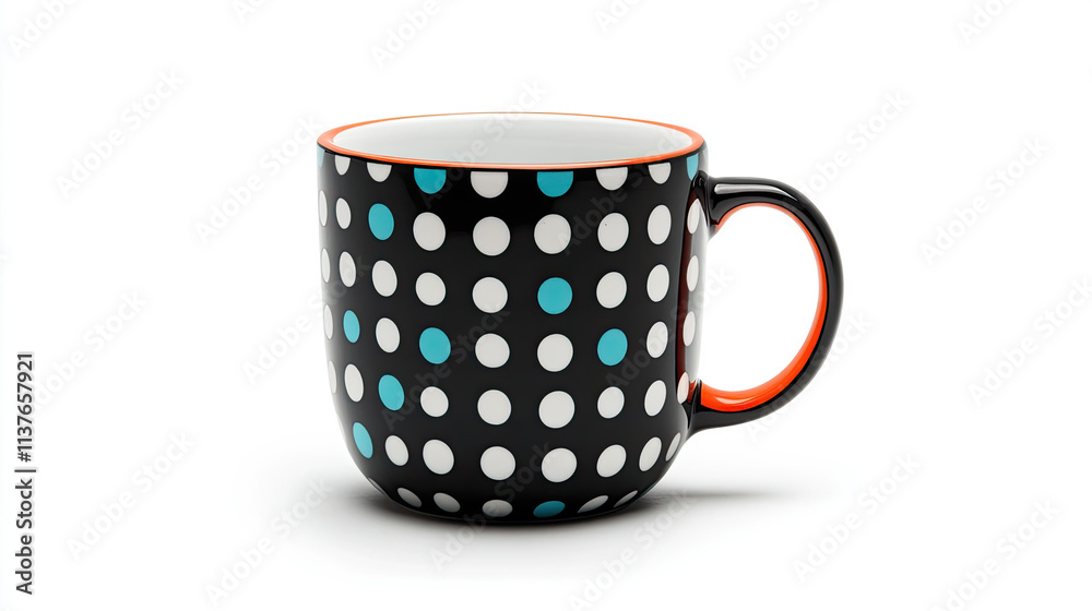 Colorful polka dot mug display kitchen beverage modern design close-up view creative art