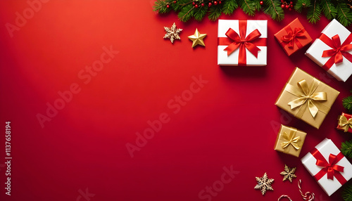 christmas gifts with gold and red bows, pine branches, and stars on red background