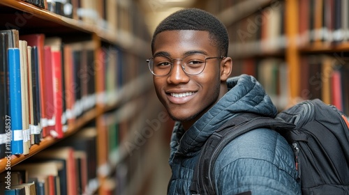 A cheerful student wearing glasses and a backpack poses in a library aisle filled with colorful books. His smile reflects joy in discovering knowledge and education