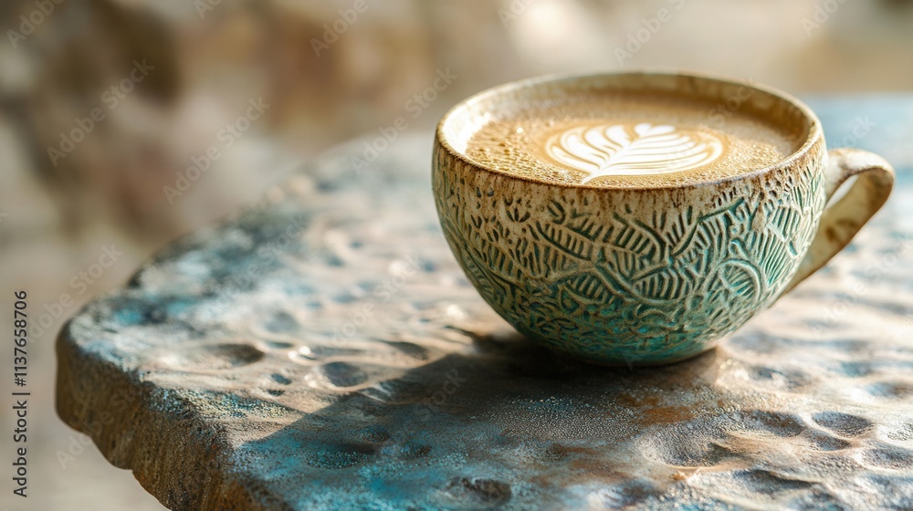 a cappuccino served in a hand-crafted ceramic cup with intricate patterns, placed on a textured table.