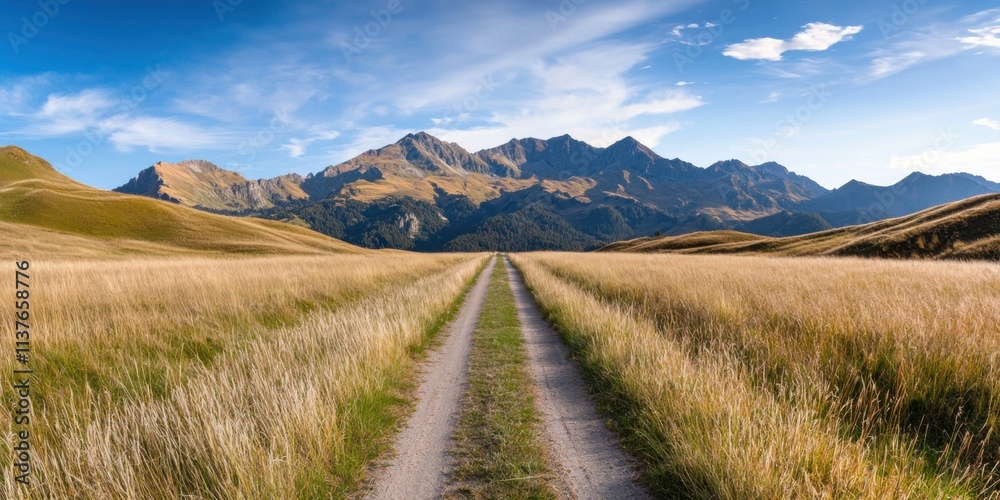 Obraz premium Stunning mountain landscape rural road photography open field wide angle nature's serenity