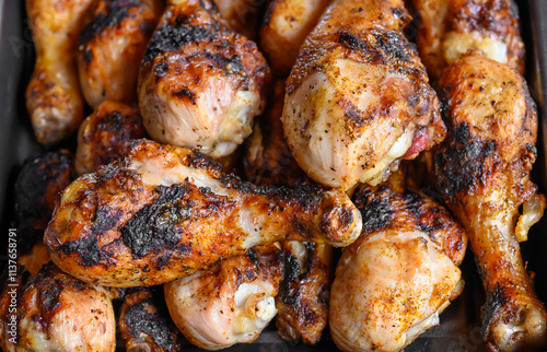 Mocno przypieczone pałki z kurczaka na ruszcie, przypalone mięso na grillu, domowe barbecue 