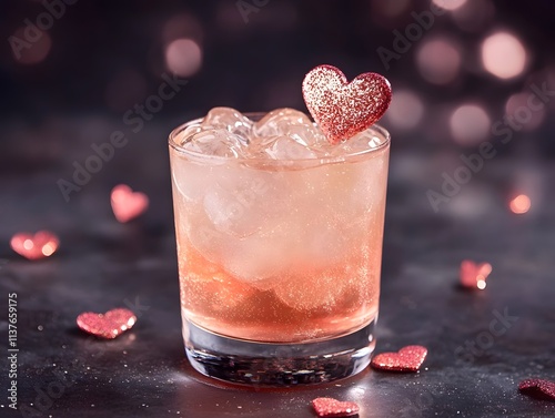 A sparkling pink cocktail garnished with a heart-shaped decoration, surrounded by small heart confetti, set against a shimmering background. photo