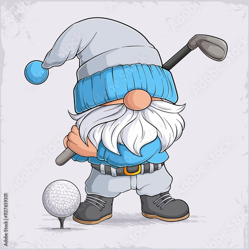 Hand drawn cute gnome holding iron golf club ready to swing the white  dimpled golf ball isolated