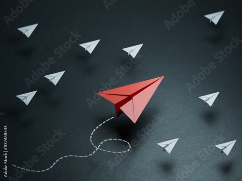 Successful business, innovative and solution concepts.Paper plane . - leader plane, teamwork ,Abstract, black, Business.3D rendering on black background. photo