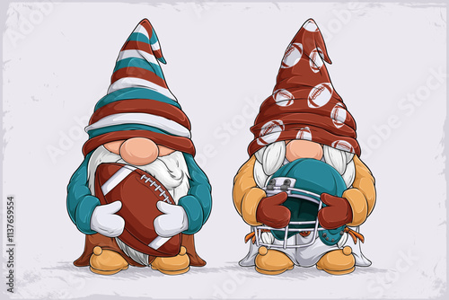 Hand drawn cute gnomes cheerleaders holding brown American football stitched ball and blue helmet