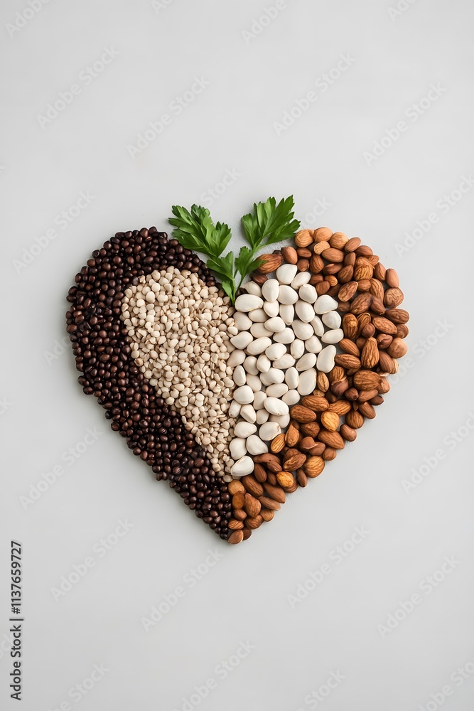 A heart-shaped arrangement of various beans and seeds, garnished with fresh parsley, emphasizing healthy eating and natural ingredients. A heart-shaped arrangement of various beans and seeds, garnished with fresh parsley, emphasizing healthy eating and natural ingredients.