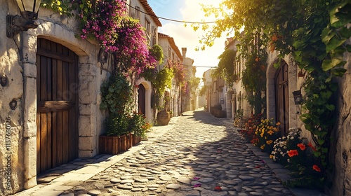 A traditional village street with cobblestone pathways, flowering vines, and old wooden doors under bright sunlight