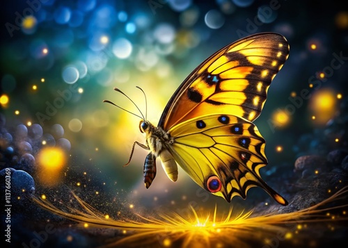 Long Exposure Yellow Butterfly Black Spots Photography, Nature Macro, Insect Wings,  Butterflies Night Photography,  Yellow Butterfly Image,  Beautiful Butterfly, Wildlife Photography
