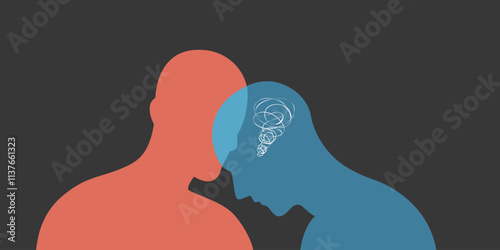 mental health care concept, 2 head silhouette of person lean on, understand , talk and listen, solution advise, communication support and help. vector illustration 