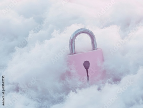 Pastel pink lock surrounded by soft clouds for security and privacy themes