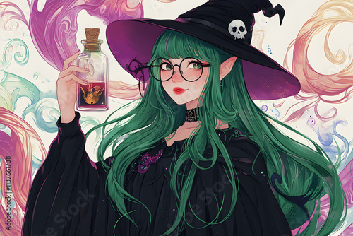 A witch with green hair holds a potion, surrounded by colorful magical swirls. Anime character illustration photo