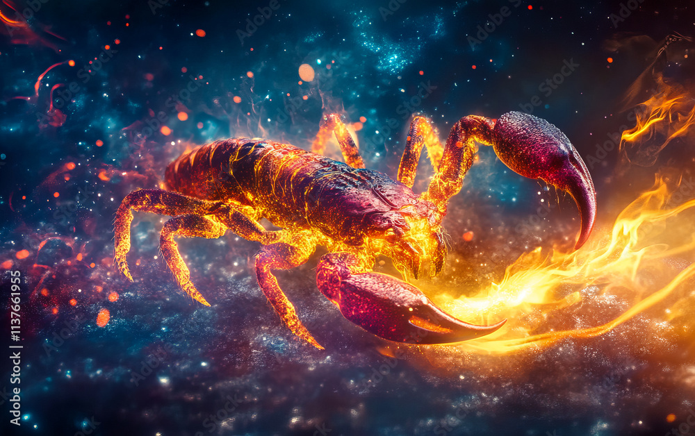 Obraz premium A striking scorpion zodiac symbol emerges in a vibrant, abstract background with spiritual flames, blending mysticism and fire energy. Perfect for astrology designs.