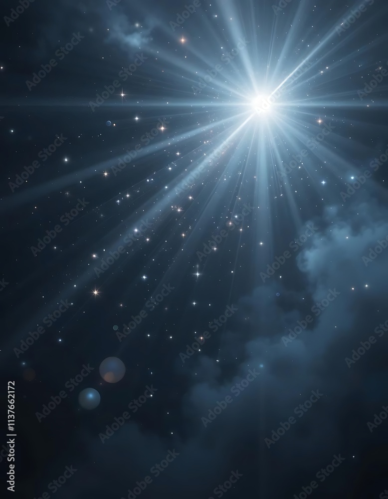 Fototapeta premium a mysterious and hazy interstellar space with distant bright stars and one star brighter than the others