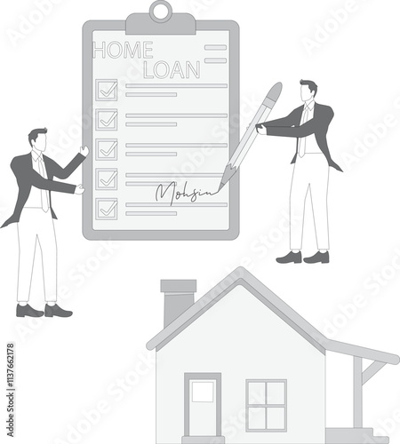 Real estate buying and selling with agents, real estate industry, real estate taxation, home loans or mortgages, buying a house with contract signing, businessmen standing by the house and signing doc