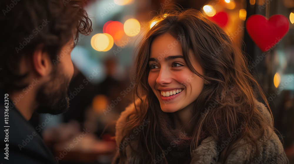 A man and a woman are smiling at each other in a restaurant A man and a woman are smiling at each other in a restaurant