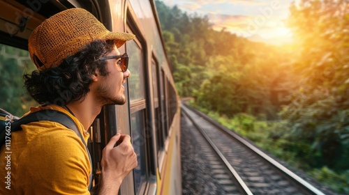 Adventure seekers enjoy scenic train journey through lush green valleys at sunset travel captivating landscape view from train