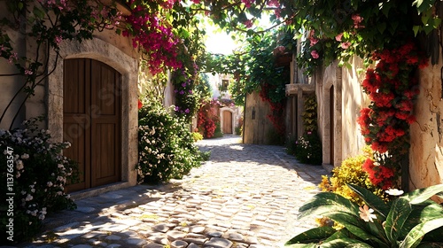 A traditional village street with cobblestone pathways, flowering vines, and old wooden doors under bright sunlight