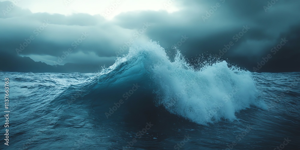 Obraz premium Dramatic wave crashing in a stormy ocean.