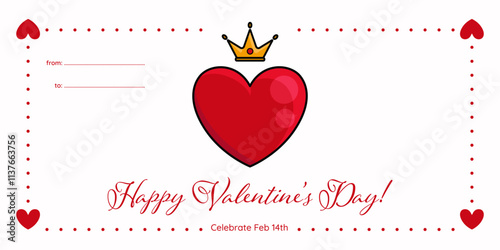 Valentine Day postcard with heart in a crown with text greeting and abstract ornaments. Love holiday banner and invitation. Vector illustration.