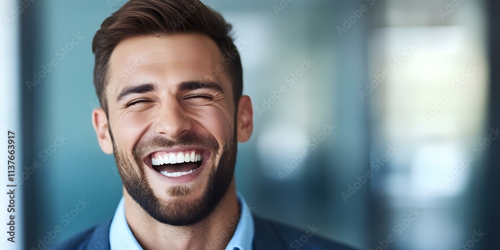 A smiling man with a beard, wearing a suit, exuding happiness and confidence in a blurred background. Concept Smiling Man Portrait, Beard and Suit, Confidence and Happiness A smiling man with a beard, wearing a suit, exuding happiness and confidence in a blurred background. Concept Smiling Man Portrait, Beard and Suit, Confidence and Happiness