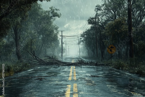 Hurricane-stricken island road with fallen trees and power lines, rainy gray weather, photorealistic Wichita style photo