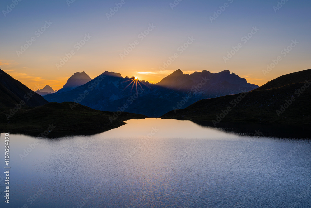 Germany, Bavaria, Allgaeu, Allgaeu Alps, Lake Rappensee at sunset Germany, Bavaria, Allgaeu, Allgaeu Alps, Lake Rappensee at sunset