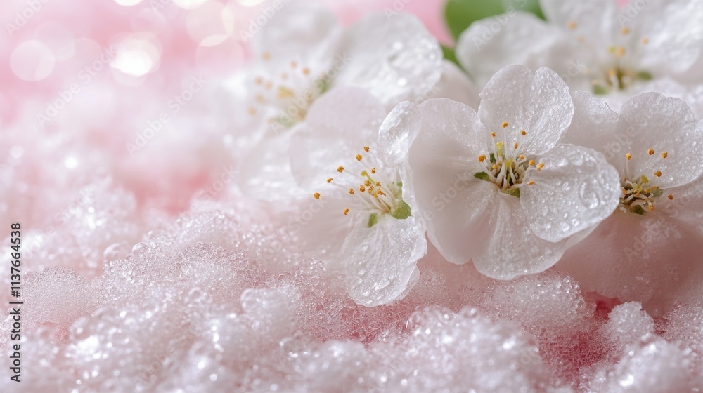 Delicate White Flowers with Water Droplets on Soft Pink Background