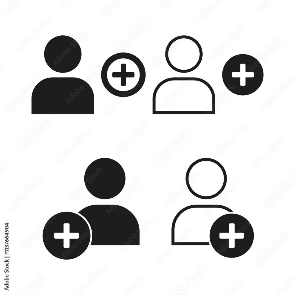User with plus. Profile addition icon. Member joining symbol. Personal vector shape. User with plus. Profile addition icon. Member joining symbol. Personal vector shape.