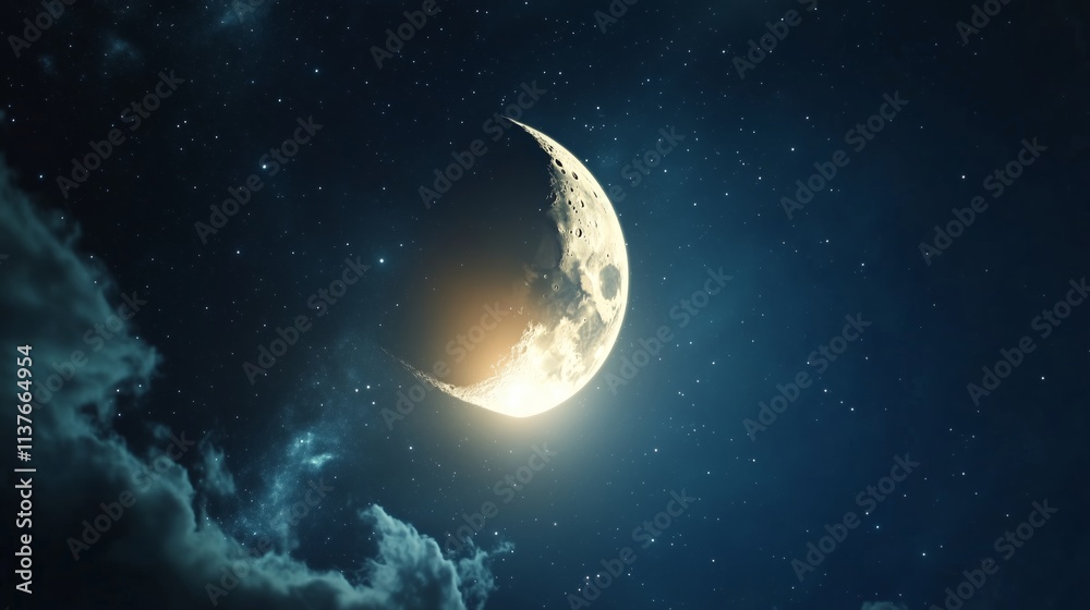 Vibrant crescent moon illuminated by starlit sky above soft clouds at night Vibrant crescent moon illuminated by starlit sky above soft clouds at night