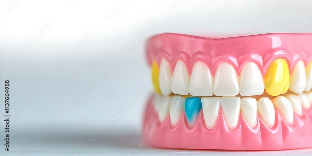 Obraz premium A dental model displaying a set of teeth with colorful dental fillings in some of the teeth. Concept Dental Model, Colorful Fillings, Teeth Display, Dental Education, Oral Health Awareness