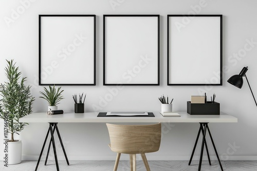 Functional home office with desk and three distinct poster mockups for workspace focus.