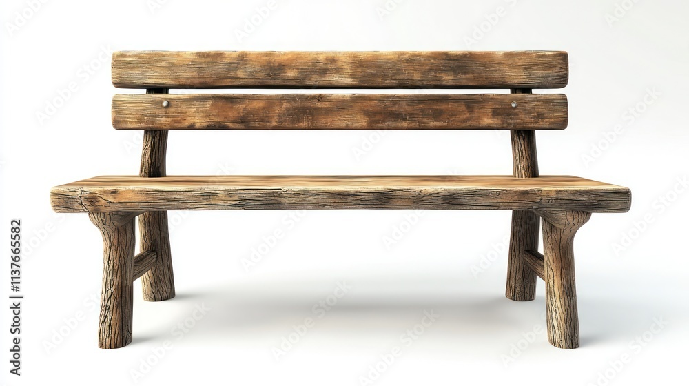 3D illustration of a rustic wooden bench with backrest, isolated on a white background. 3D illustration of a rustic wooden bench with backrest, isolated on a white background.