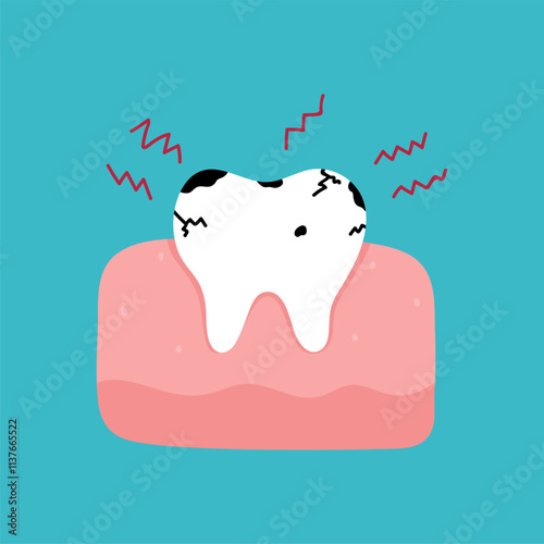 A diseased tooth affected by caries. Toothache. Vector hand-drawn illustration in flat style. Dental care, oral hygiene concept.