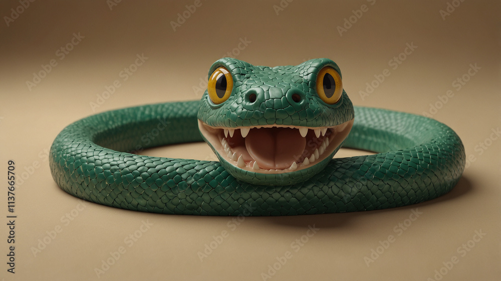A moody style professional photograph of a 3D rendering clay plastic style green snake with an open mouth and big eyes on a mocha mousse background. A moody style professional photograph of a 3D rendering clay plastic style green snake with an open mouth and big eyes on a mocha mousse background.