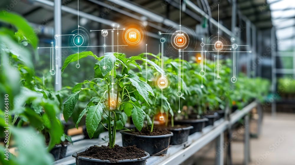 Futuristic Agriculture Concept with Smart Technology in Greenhouse Growing Pepper Plants Futuristic Agriculture Concept with Smart Technology in Greenhouse Growing Pepper Plants