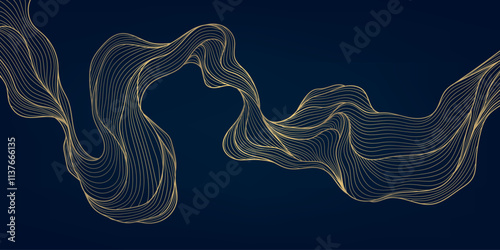 Vector art deco line wave pattern, gold on blue elegant texture, abstract wavy shapes. Premium illustration template, fancy dark copper graphic.
