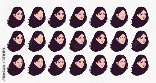 Beautiful brunette girl, young businesswoman, avatar emotions, confident portrait set, female leader bundle. Different feelings face icons, player character mood, user pic circles. Vector illustration