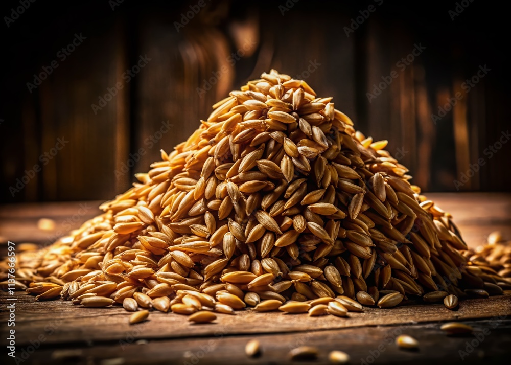 Obraz premium Low Light Photography: Organic Oat Groats Pile - Dark Moody Food Photo, Grain Texture, Rustic Still Life