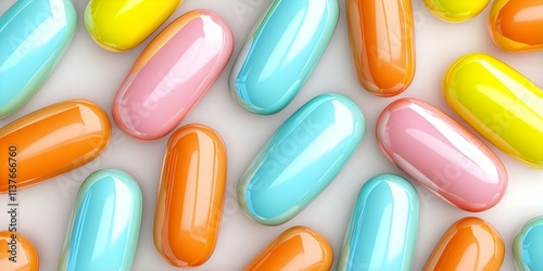 Colorful, glossy capsule-shaped pills arranged in a random pattern on a light surface. Concept Capsule Design, Vibrant Colors, Random Arrangement, Creative Photography, Pharmaceutical Aesthetics photo