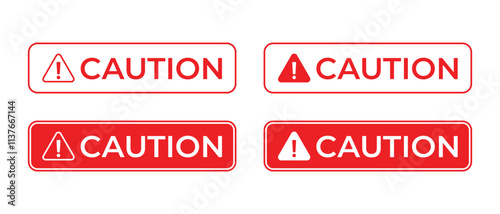 Caution text, hazard warning sign icon in flat style