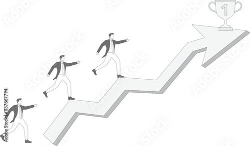 Chasing trophies and success, isometric merchants follow the arrows and reach the target point to win trophies, victories or business achievements, gaining determination and perseverance to win